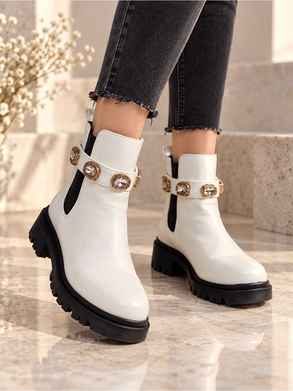 Steve Madden White Embellished Chelsea Boots with Decorative Strap 7.5